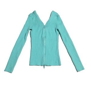 Courrèges Full Zip Front Back Rib Cardigan Teal Turquoise
